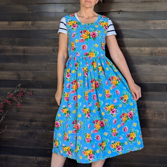 Vintage Dresses & Skirts - vintage FLORAL COTTON DRESS 1980's midi M